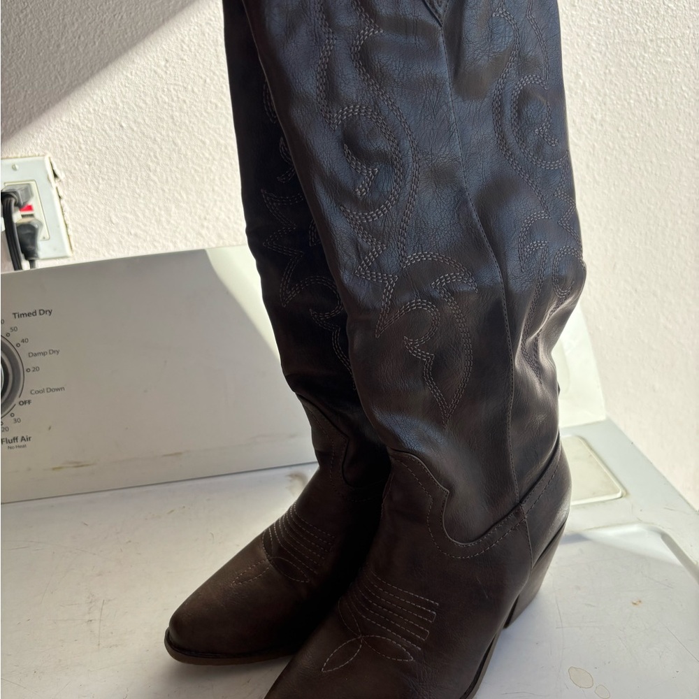 Brown Embroidered Knee-High Boots